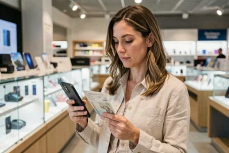 Femme tenant un iPhone 14 et des billets de banque étrangers dans un magasin duty-free d'aéroport international