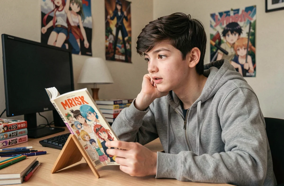 Adolescent lisant un manga assis à son bureau dans sa chambre décorée d'affiches d'anime, expression concentrée