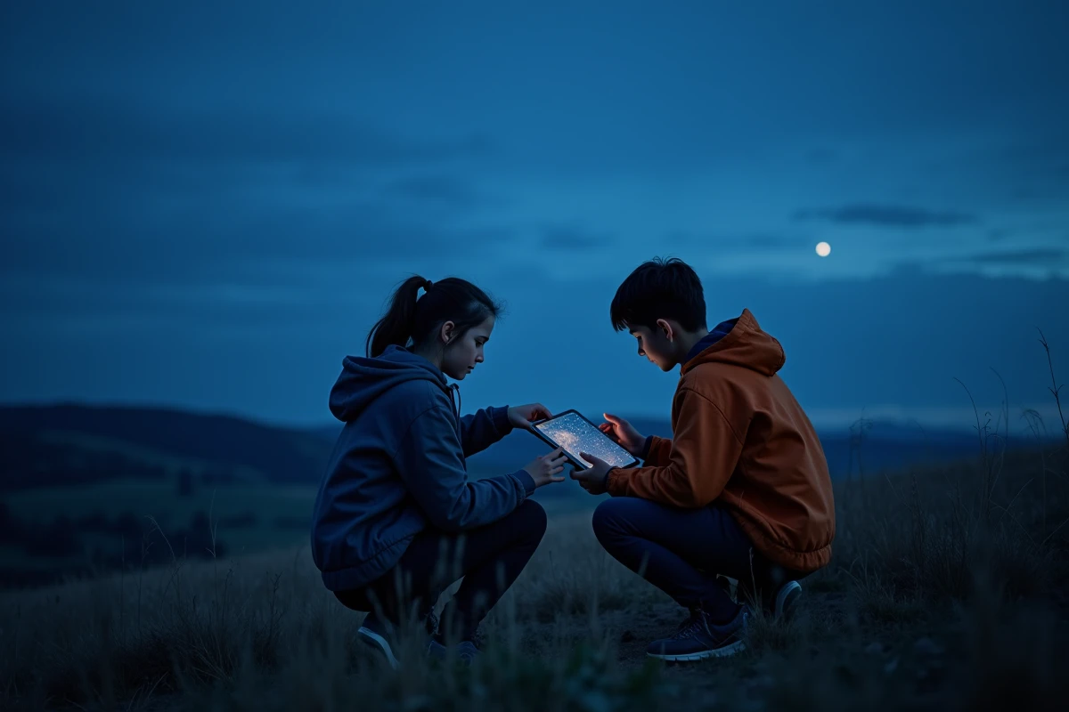 Deux adolescents sur une colline herbeuse consultant une carte des constellations sur tablette au crépuscule