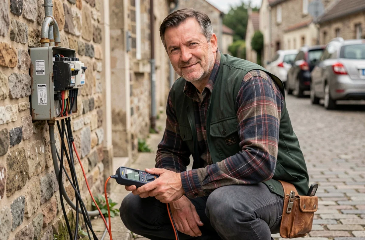 Alain Badais, électricien, intervenant sur un boîtier électrique extérieur en Normandie