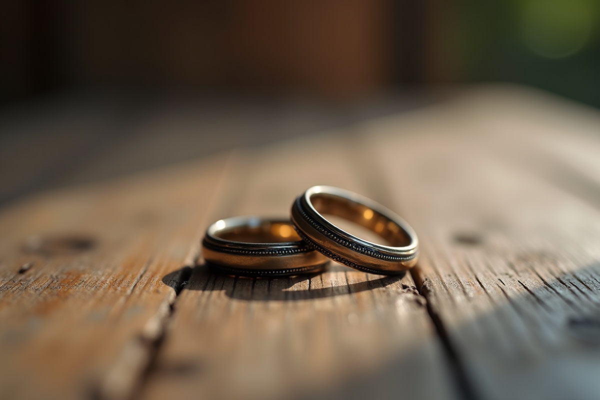 Alliances de mariage sur table en bois rustique