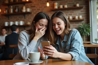 Deux amies qui rient ensemble en lisant un message drôle sur un smartphone dans un café
