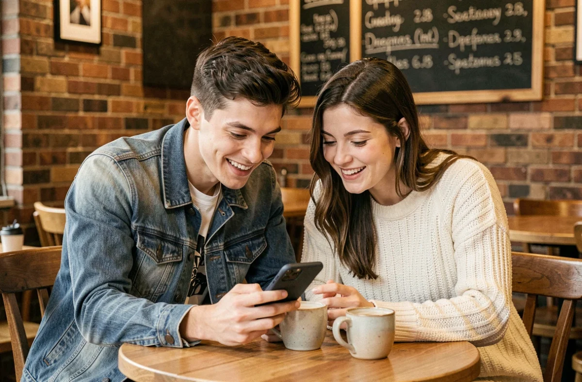 Deux amis lisant ensemble des scans manga yaoi sur smartphone dans un café urbain