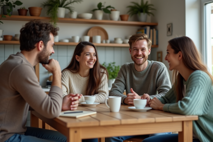 Quatre jeunes adultes discutent autour d'une table en cuisine lumineuse