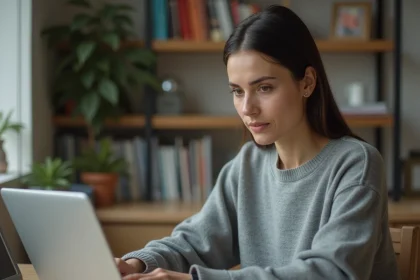 Femme consultant des profils sur un ordinateur portable pour croiser des informations via un annuaire inversé et les réseaux sociaux