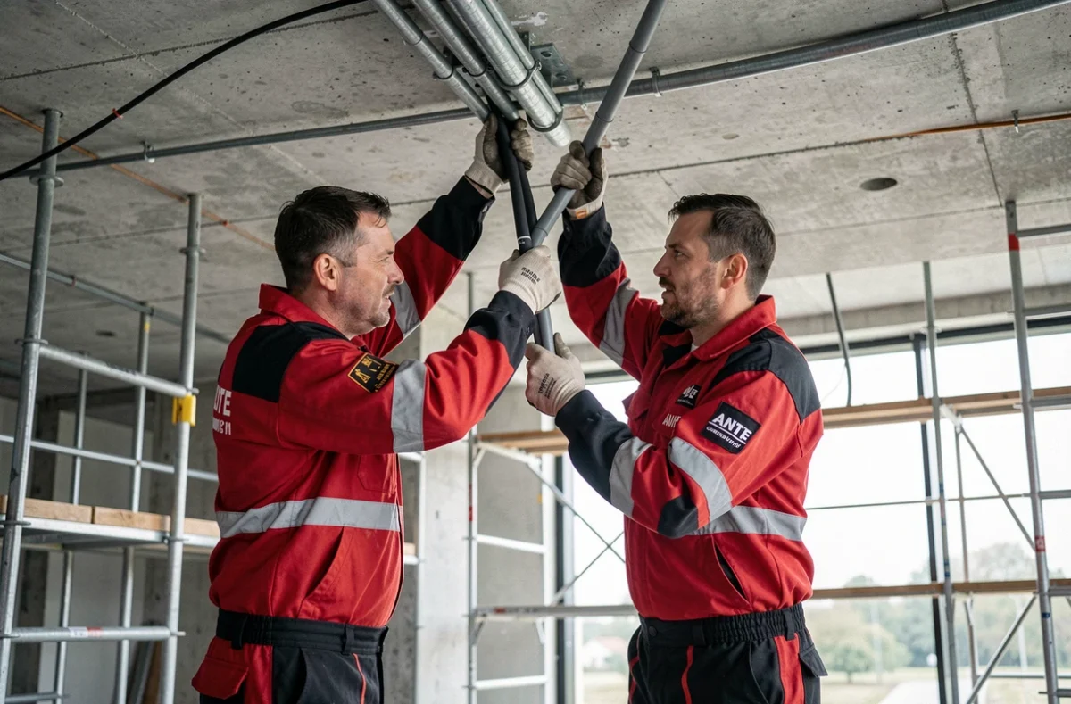Électriciens ANTE tirant des conduits électriques dans un chantier commercial en Seine-Maritime