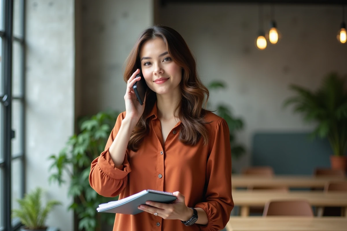 Jeune femme passant un appel téléphonique au service clients Sosh dans un espace de coworking
