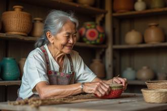 Femme artisan tissant un panier coloré avec concentration
