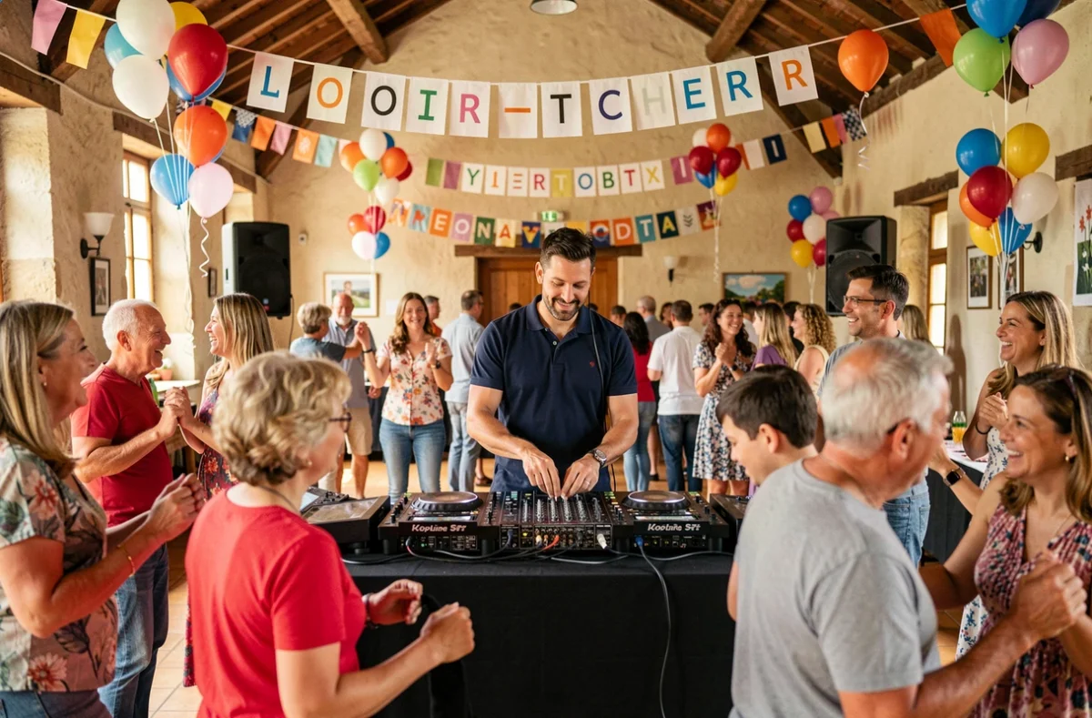 As Music 45 animant une fête communautaire dans une salle des fêtes du Loir-et-Cher