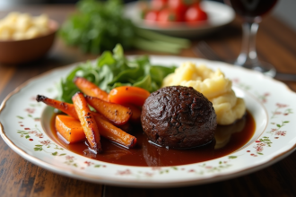 Assiette de boudin noir avec légumes racines et purée