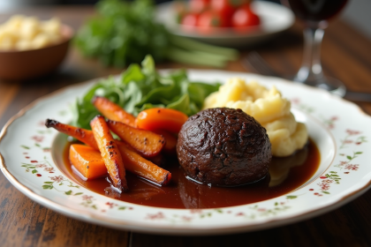 Assiette de boudin noir avec légumes racines et purée
