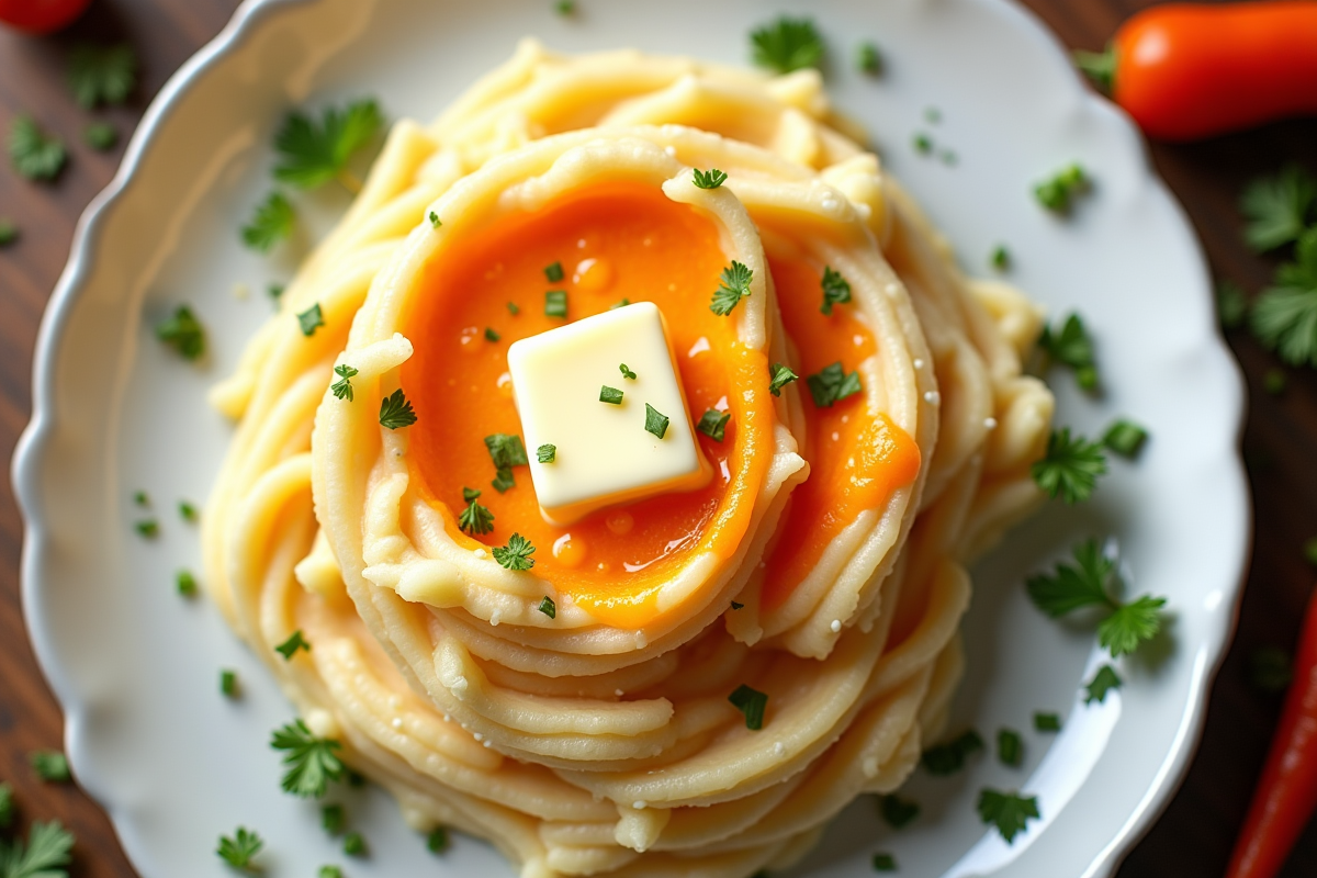 Assiette de purée de pommes de terre et carottes avec beurre fondu