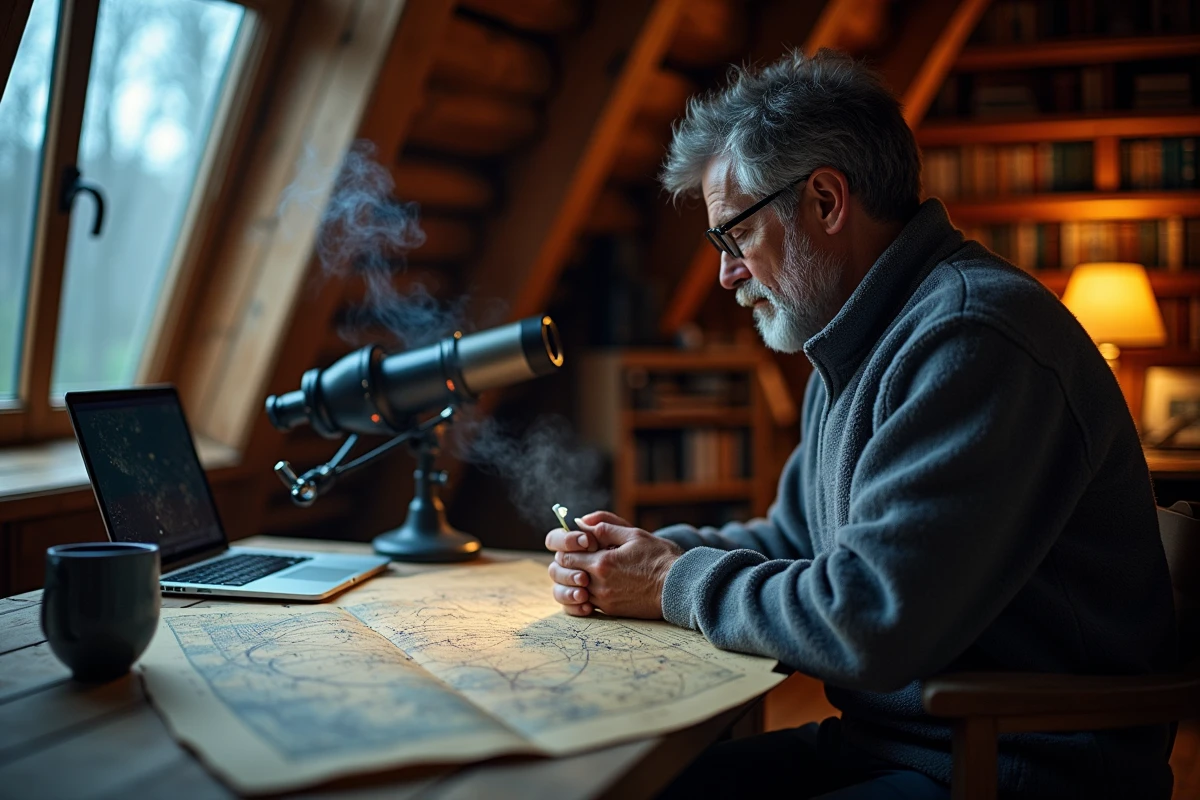 Astronome amateur étudiant une carte des étoiles sur un bureau en bois avec un télescope vintage près d'une fenêtre nocturne