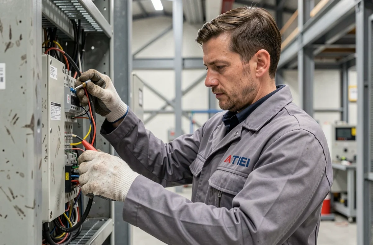 Électricien ATIEI câblant un tableau électrique industriel en Seine-Maritime