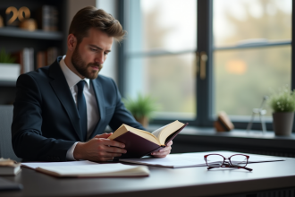 Avocat lisant un livre de droit civil dans un bureau moderne