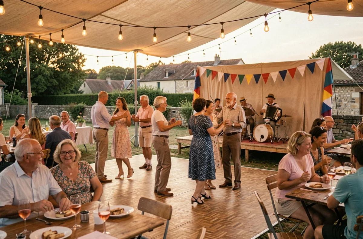 Bal populaire en plein air lors d'une fête de village française avec couples dansant sous des guirlandes au crépuscule