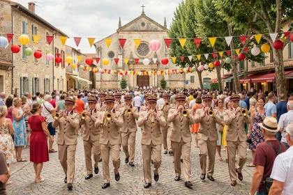 Banda musicale défilant dans une place de village lors d'une fête traditionnelle du Sud de la France avec foule en liesse
