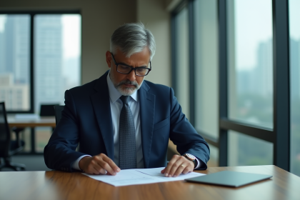 Banquier indien en costume bleu dans un bureau moderne à Mumbai