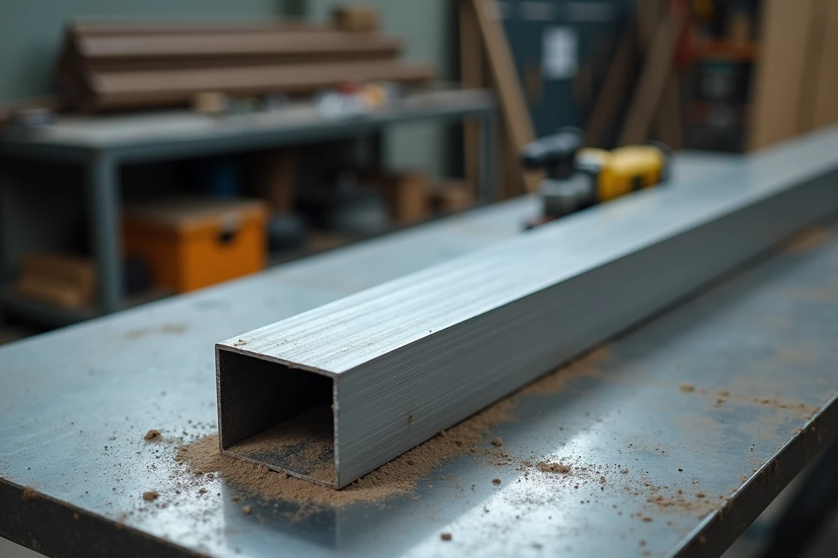 Barre de tube carré aluminium coupée sur une table de découpe dans un atelier de fabrication métallique
