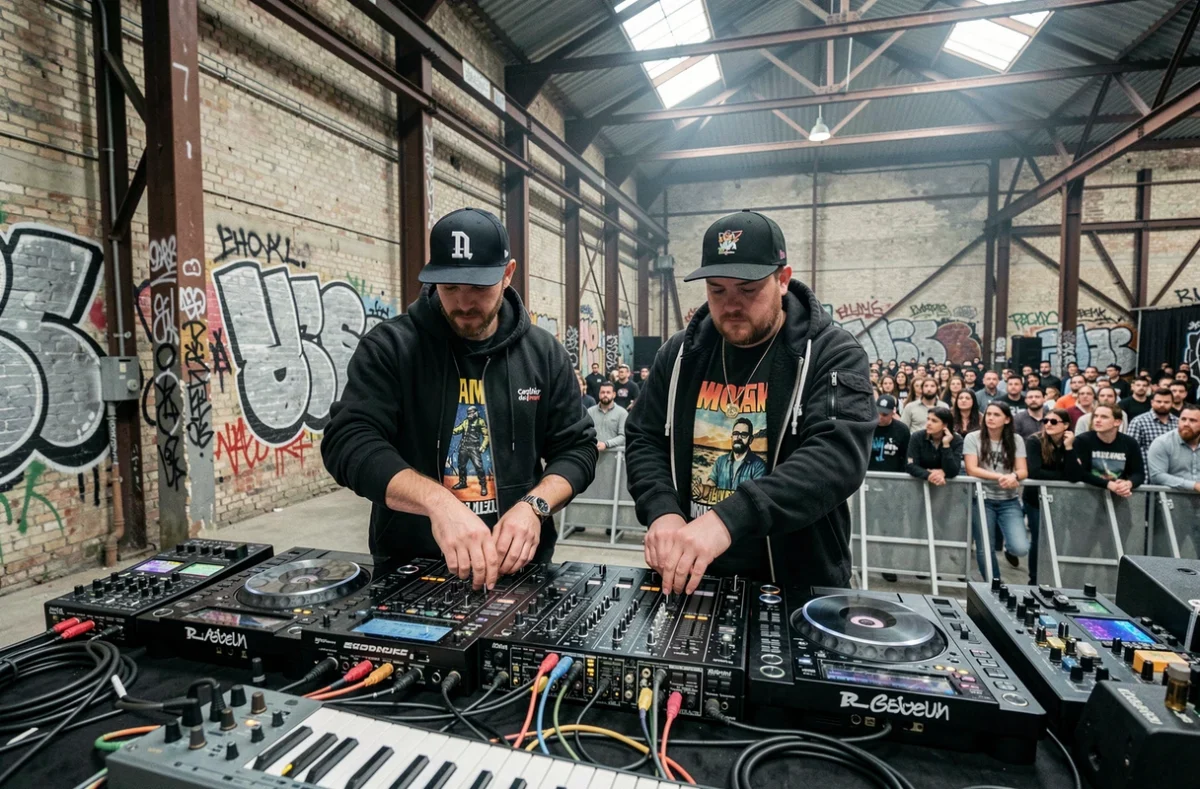 Beat Renegades, duo de DJs en session dans un entrepôt industriel lors d'un événement de musique électronique en Centre-Val de Loire