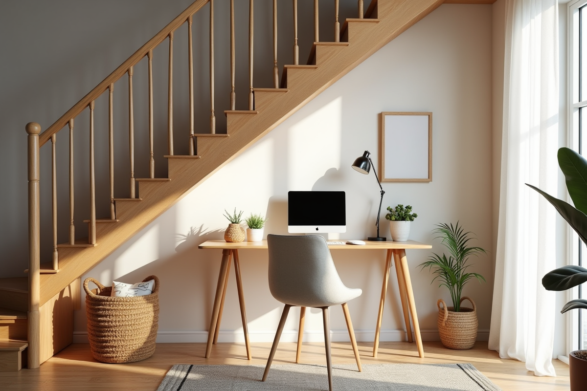 Espace de travail créatif sous un escalier en bois lumineux