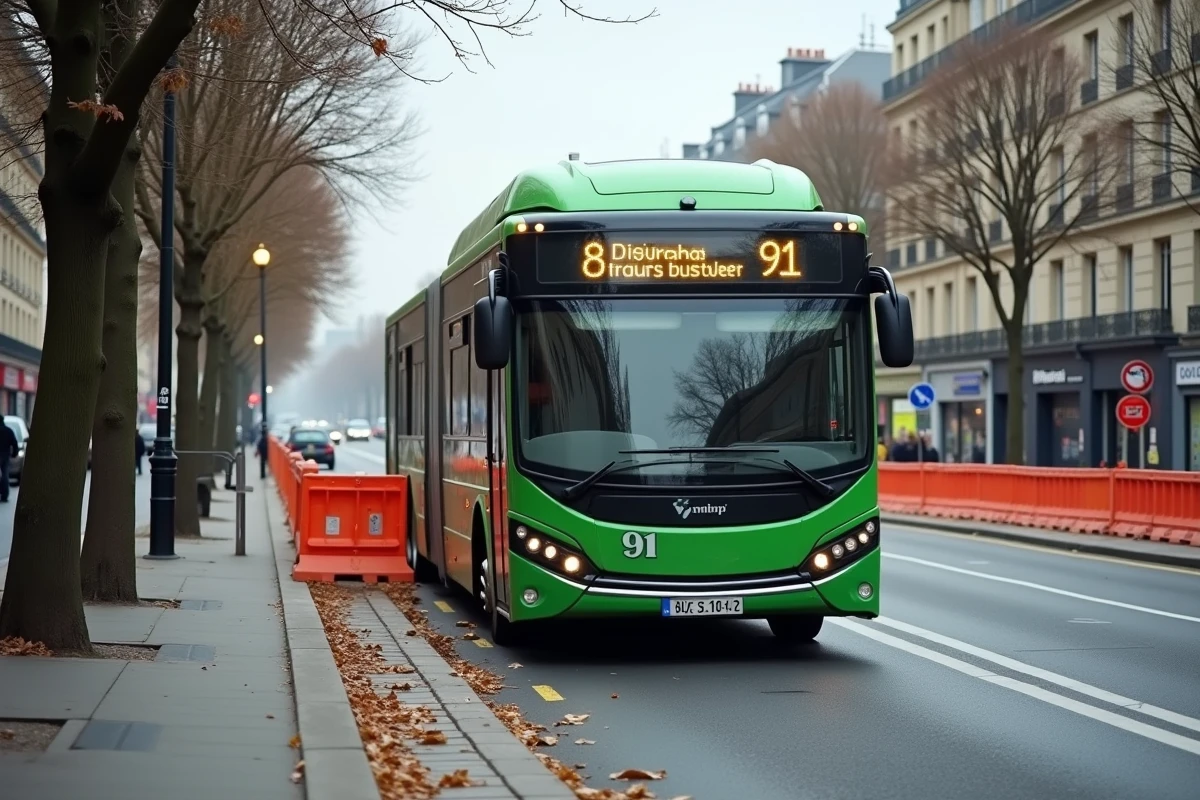 Bus 91 à l'arrêt en raison de travaux sur la chaussée dans une rue de Paris