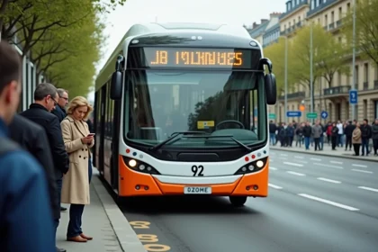 Bus 92 à l'arrêt dans une avenue parisienne avec des passagers qui montent à bord