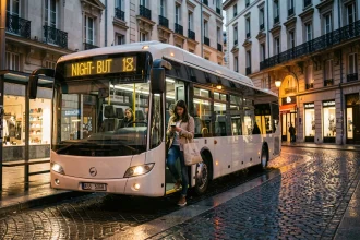 Femme montant dans un bus de nuit à Lyon avec affichage de ligne nocturne sur fond de façades haussmanniennes