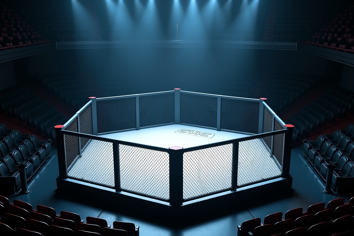 Cage octogonale de MMA dans une arène bien éclairée avant le combat