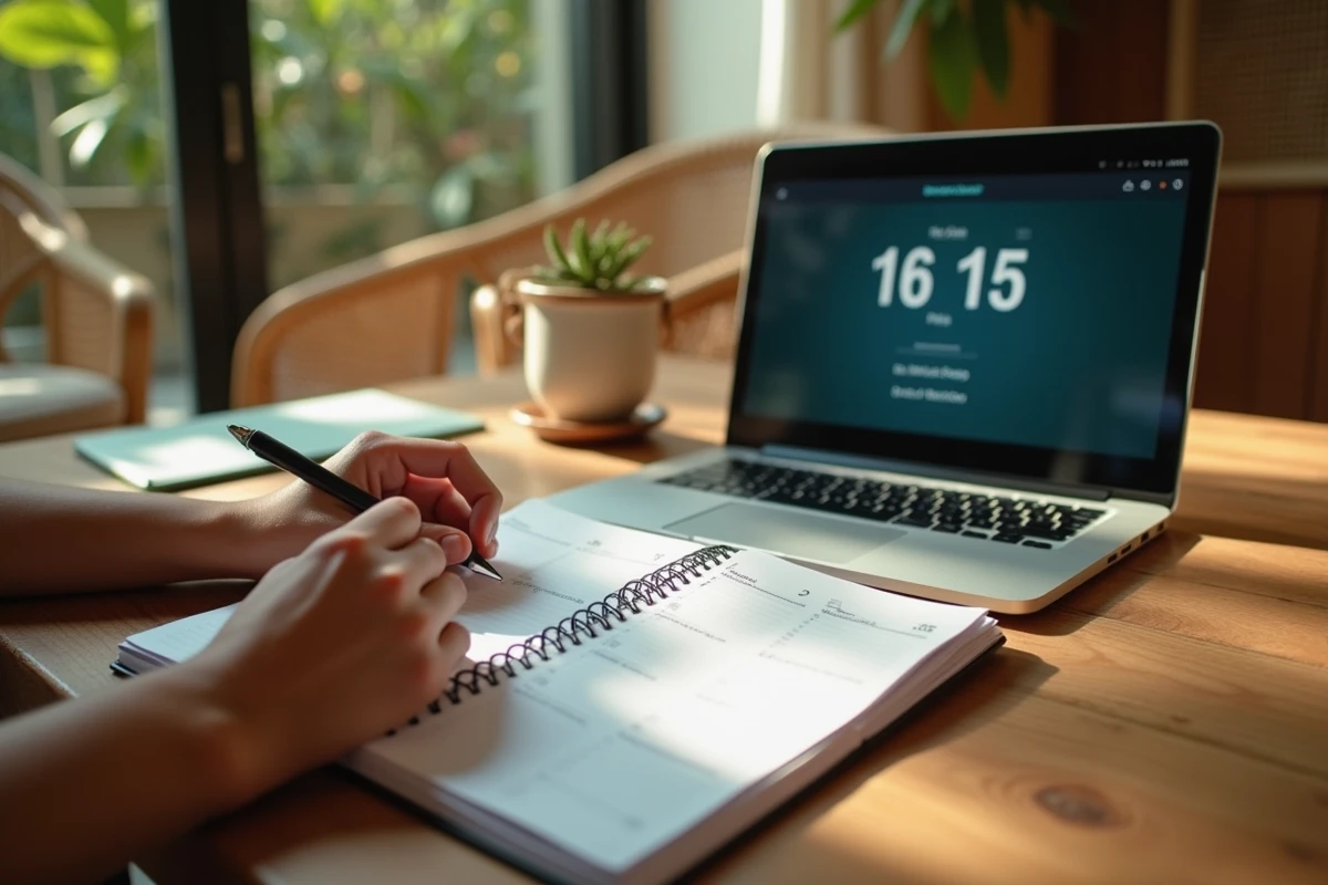 Mains prenant des notes dans un agenda avec un ordinateur affichant les fuseaux horaires de Paris et La Réunion en arrière-plan