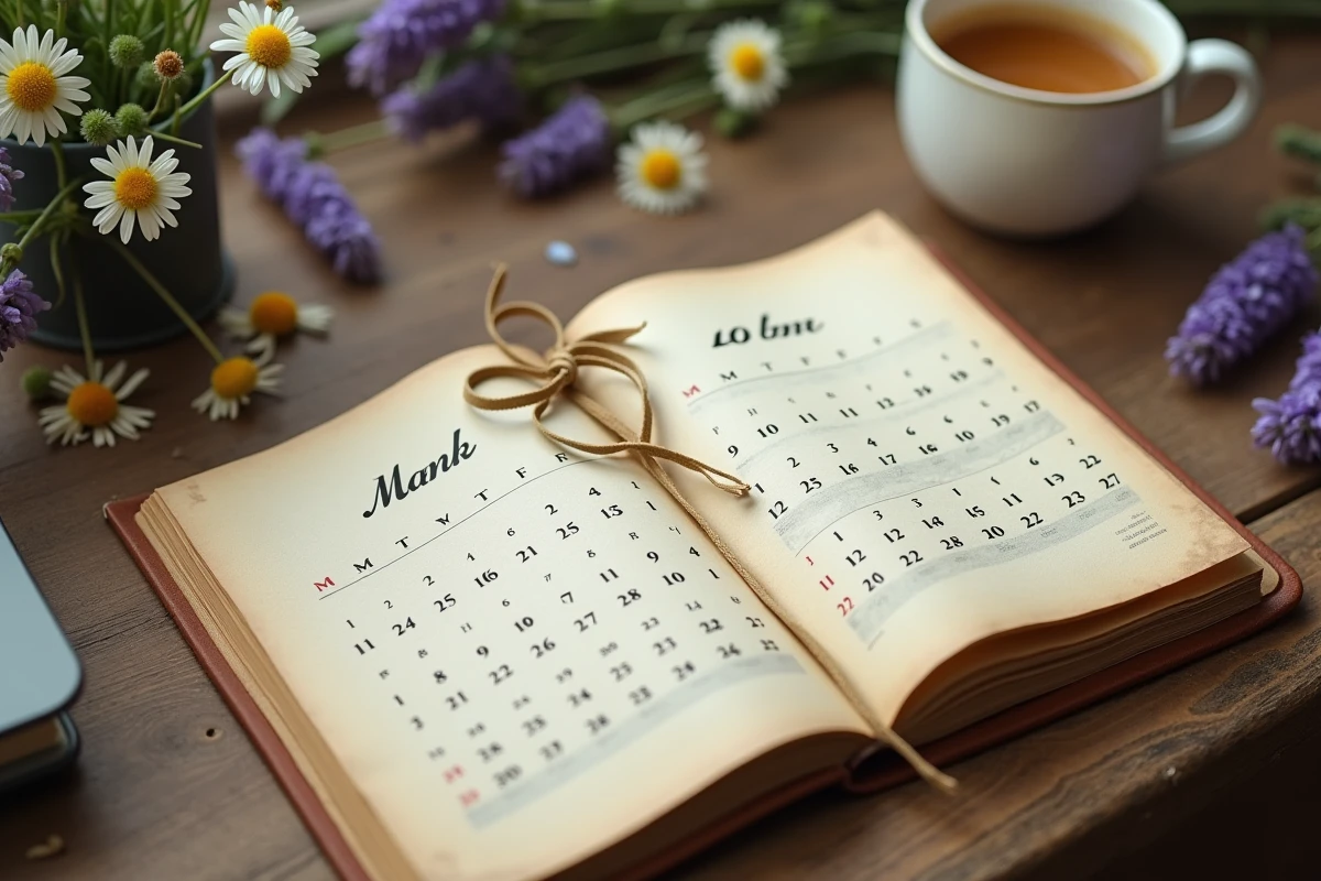 Calendrier vintage ouvert sur un bureau en bois entouré de fleurs sauvages et lavande pour la fête du jour