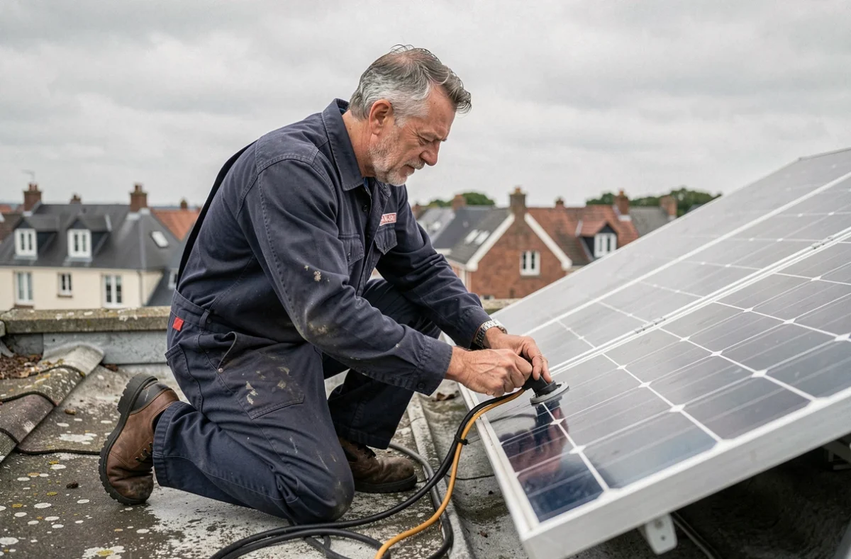 Cannaert Hervé, électricien, raccordant des panneaux solaires sur un toit en Seine-Maritime