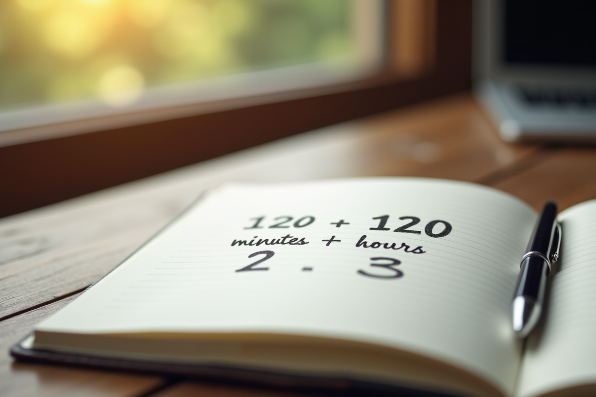 Carnet ouvert avec conversion 120 minutes en 2 heures