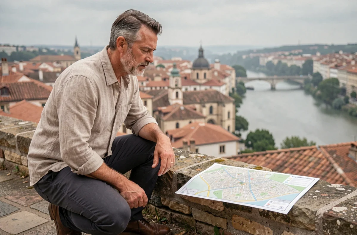 Homme consultant une carte de quartier avec vue panoramique sur les toits et la Garonne à Toulouse