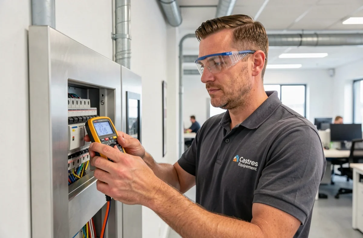 Électricien Castres Équipement testant un tableau de distribution dans un bâtiment commercial en Normandie