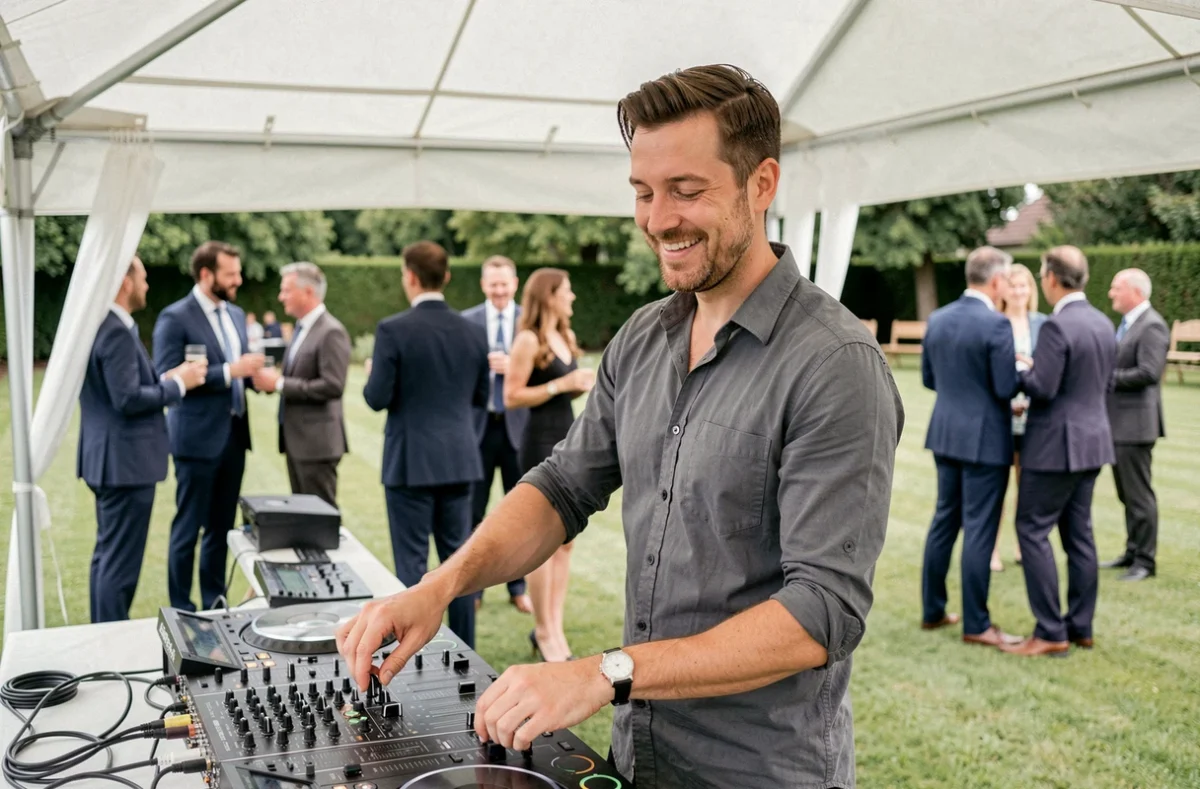CédriK animant un événement d'entreprise en extérieur à Orléans avec une console DJ moderne
