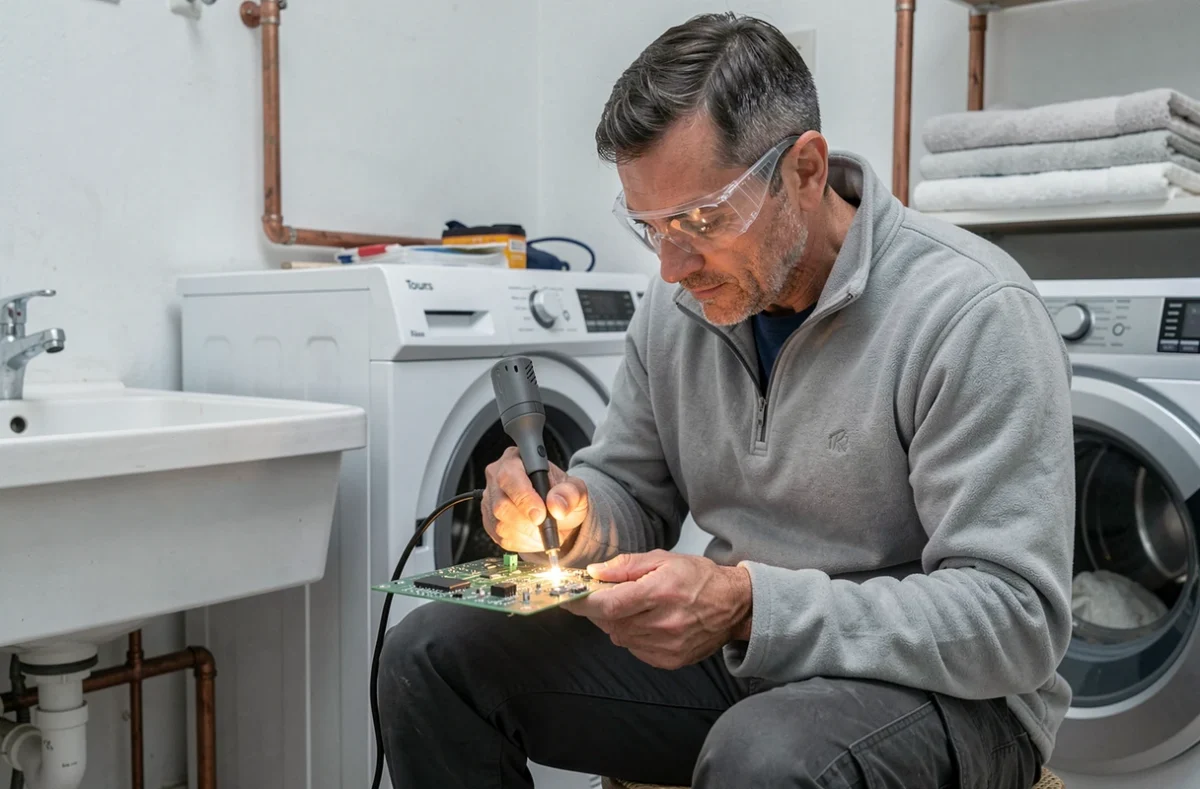 Philippe Chaillot, réparateur électroménager à Tours, soudant une carte électronique de lave-linge dans une buanderie