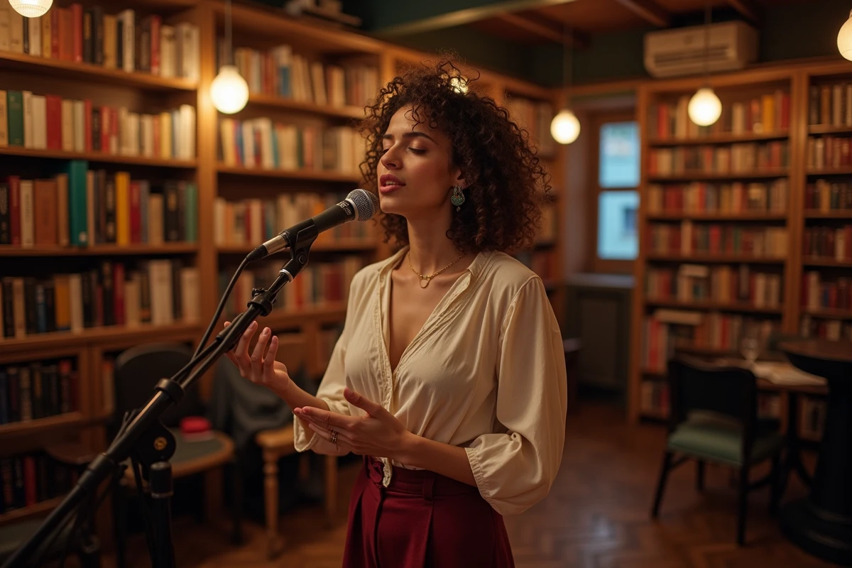 Chanteuse se produisant dans une librairie transformée en scène de concert à Lyon lors d'une soirée intimiste