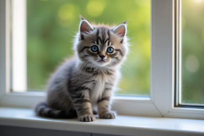 Chaton gris aux yeux bleus sur une fenetre lumineuse