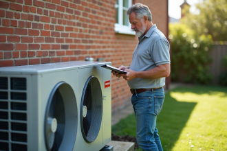 Homme examine une pompe à chaleur moderne devant sa maison