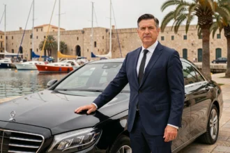 Chauffeur VTC professionnel en costume sombre devant une berline noire au Vieux-Port de Marseille en Provence