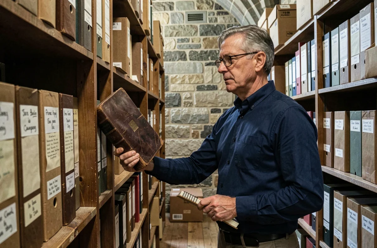 Chercheur consultant un registre ancien dans une salle d'archives aux murs en pierre d'une abbaye