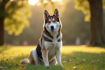 Chien berger allemand husky assis dans un parc ensoleille