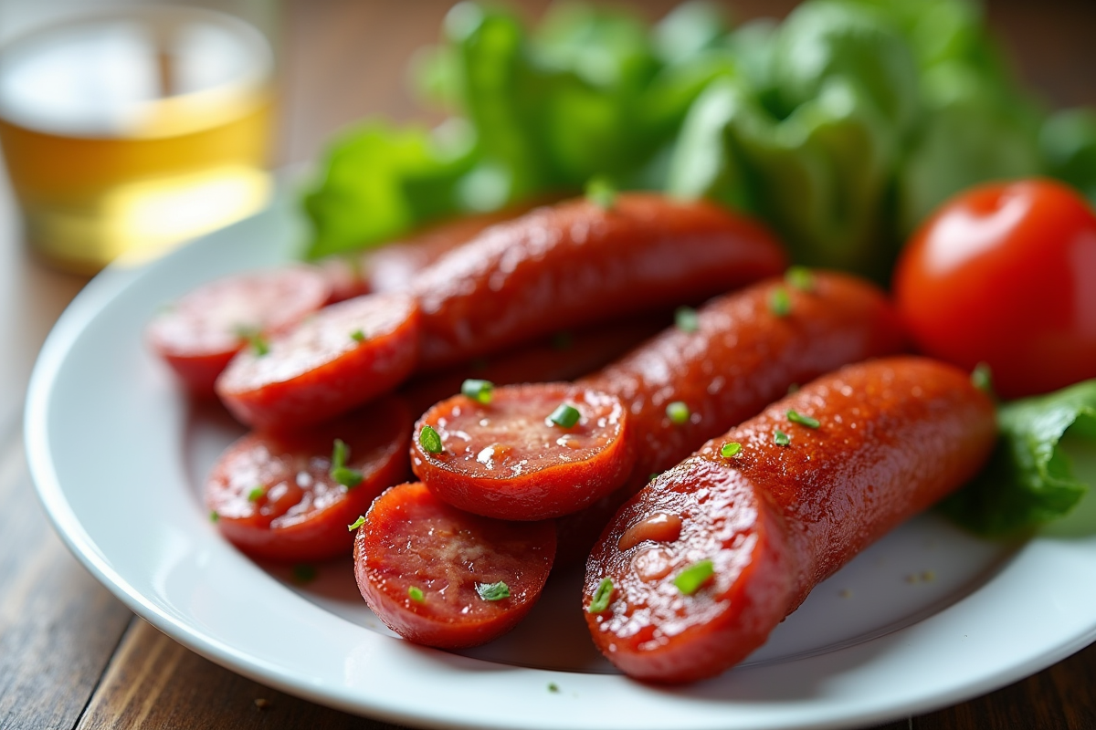Chorizo cuit sur une assiette blanche avec légumes frais