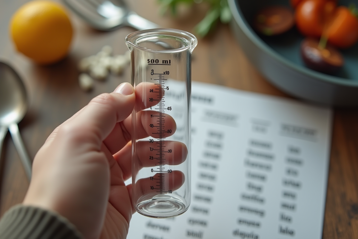 Main tenant un cilindre gradué de 500 ml avec ustensiles de cuisine