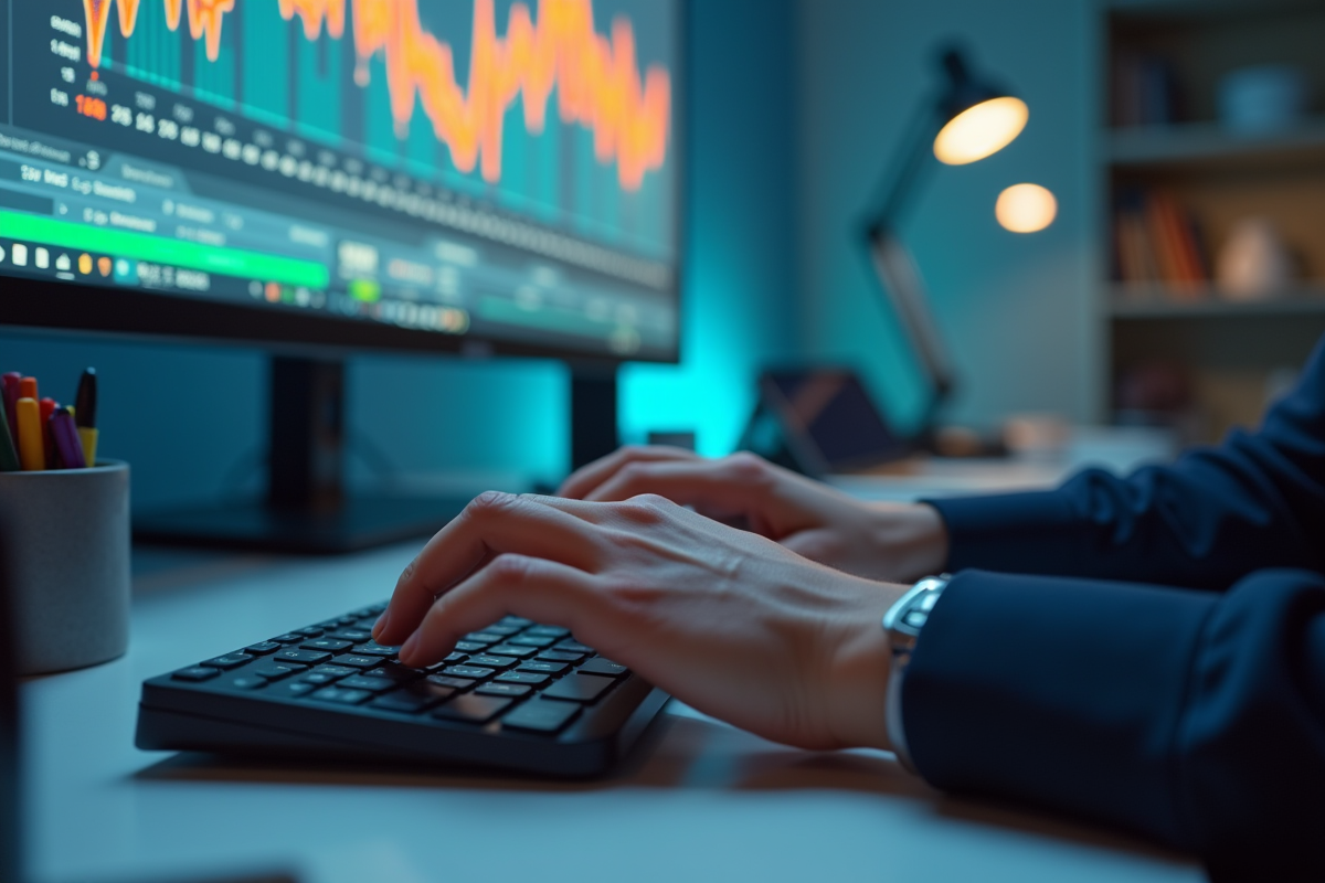 Mains tapant sur clavier avec écran excel coloré en arrière-plan