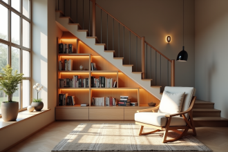 Coin lecture cosy sous un escalier moderne avec bibliothèque