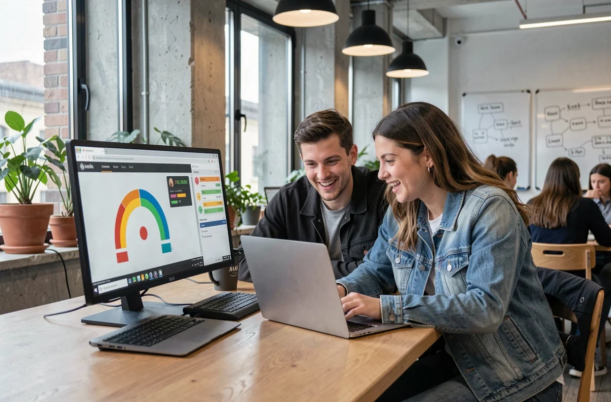 Deux développeurs collaborant sur la création d'un jeu du demi-cercle dans un espace de coworking
