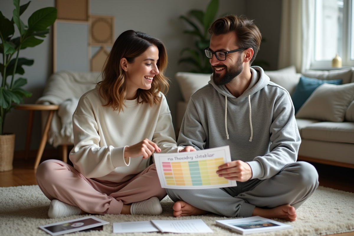 Deux colocataires regardent un tableau de tâches dans le salon
