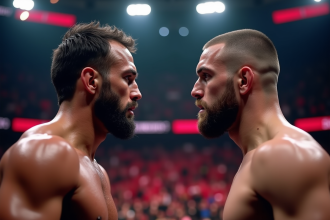 Deux combattants de MMA face à face lors d'une pesée avec foule